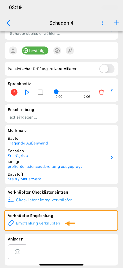 Schäden mit Empfehlung verknüpfen